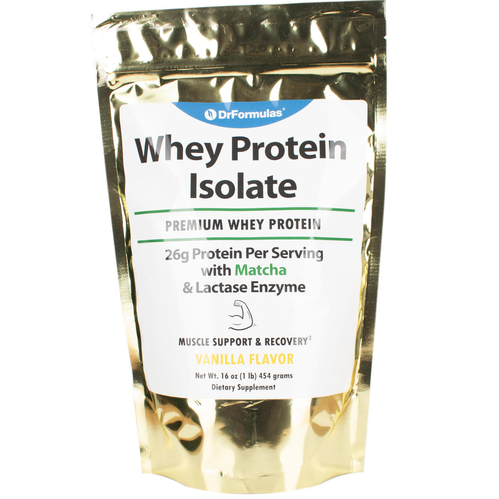 DrFormulas lactose-free whey protein powder with vanilla matcha flavor for lean gains