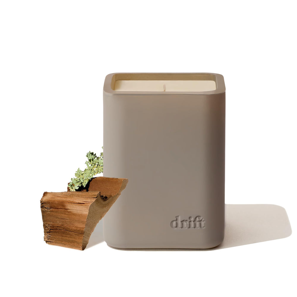 Drift teak scented candle closeup wax bloom enhances premium fragrance