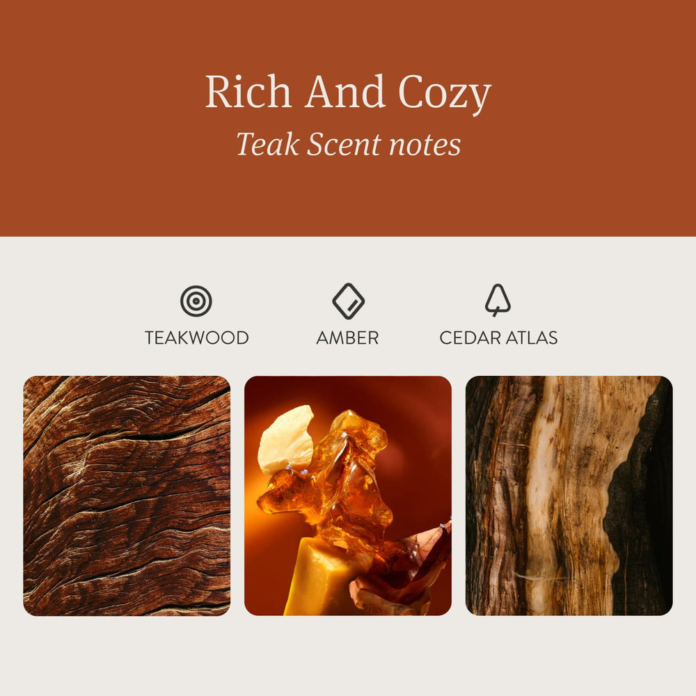 Drift teak scented candle glowing scene demonstrates ambient mood uplift