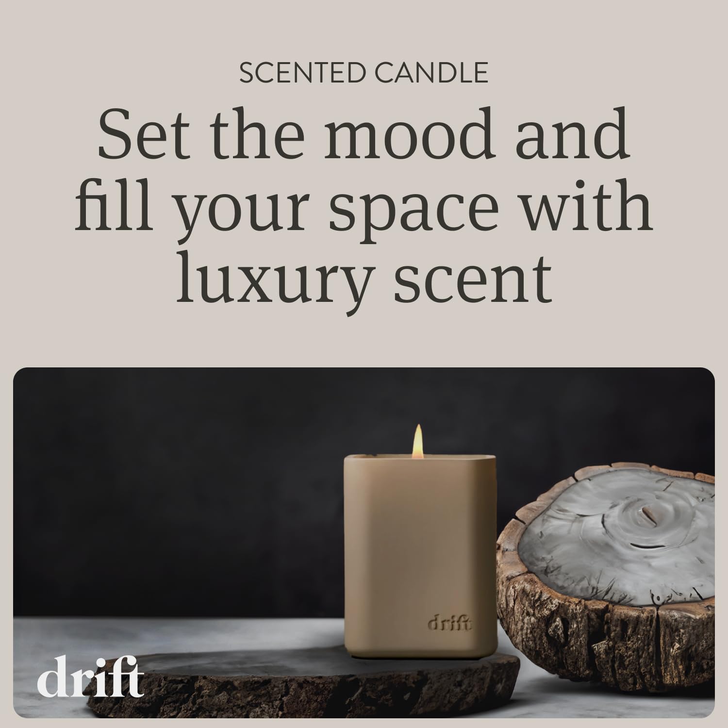 Drift Vanilla Woods candle glow adds warm ambiance to contemporary living spaces.