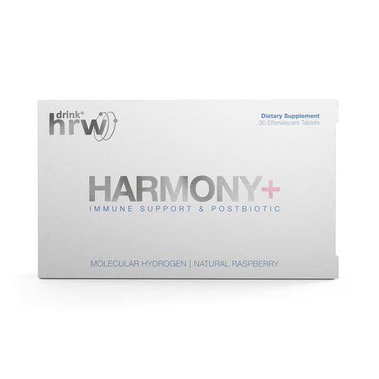 DRINK HRW Harmony+ tablet dissolving to release active hydrogen for cellular support.