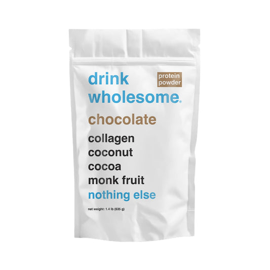 Drink Wholesome Chocolate Collagen Bottle pour shows easy, gentle mixing for sensitive stomachs