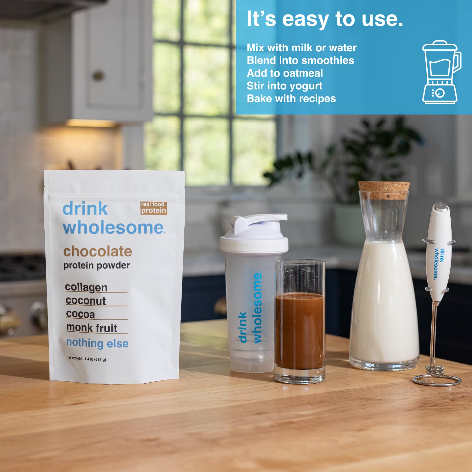 Label close-up highlights clean, whole-food ingredients from Drink Wholesome