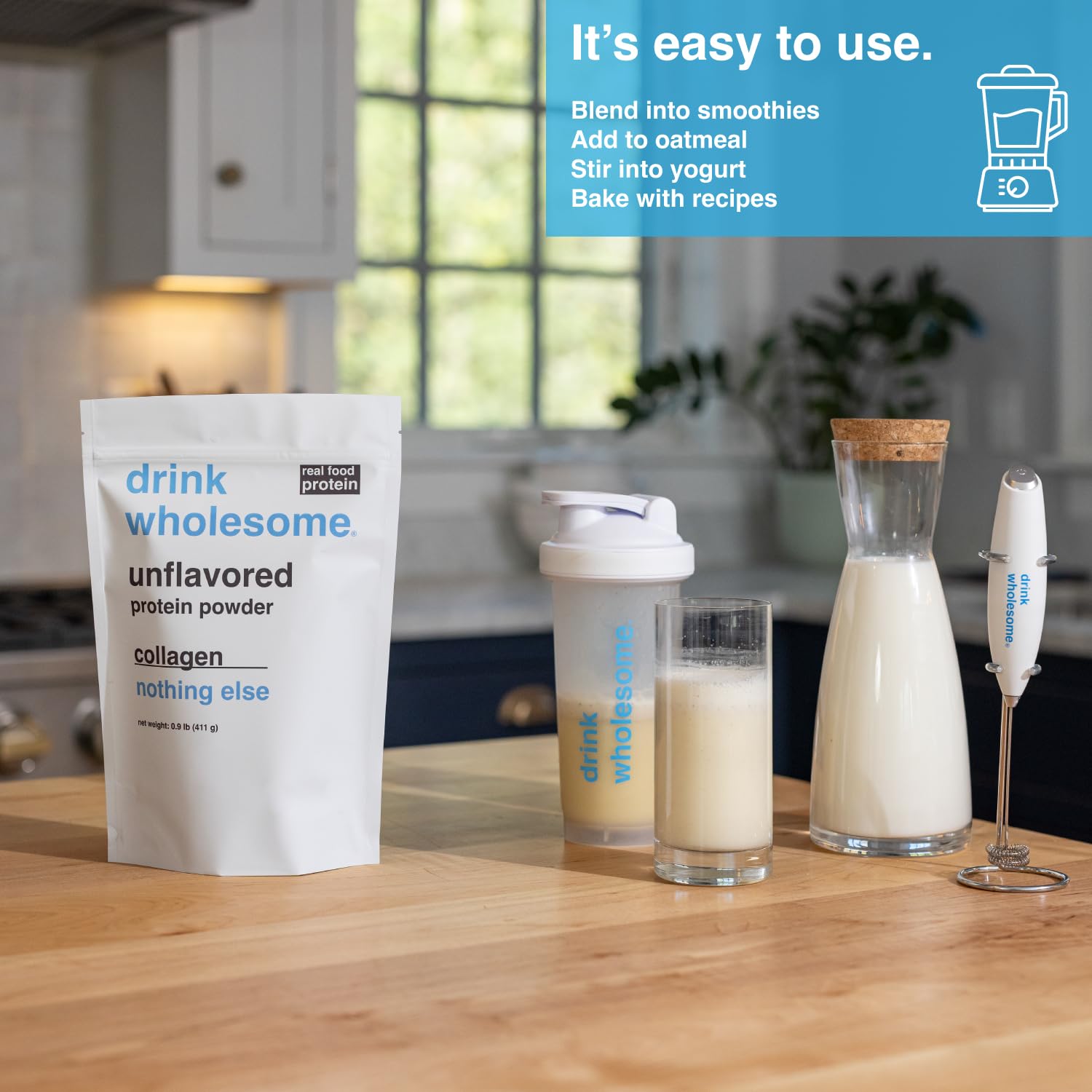 Drink Wholesome unflavored collagen powder poured into liquid for blendable texture