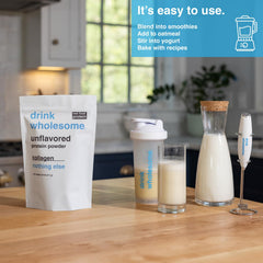 Drink Wholesome unflavored collagen powder poured into liquid for blendable texture