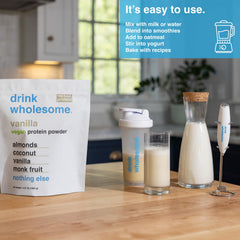 Drink Wholesome gluten-free dairy-free canister—lactose-friendly protein option.