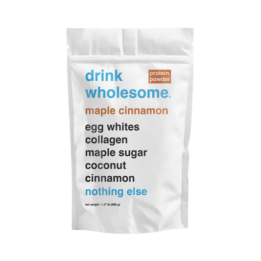 Drink Wholesome Maple Cinnamon Egg White Protein Powder bottle shows simple ingredients for gentle digestion.