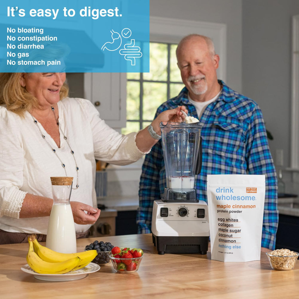 Drink Wholesome Maple Cinnamon Egg White Protein Powder label communicates gluten-free, dairy-free, low FODMAP features.