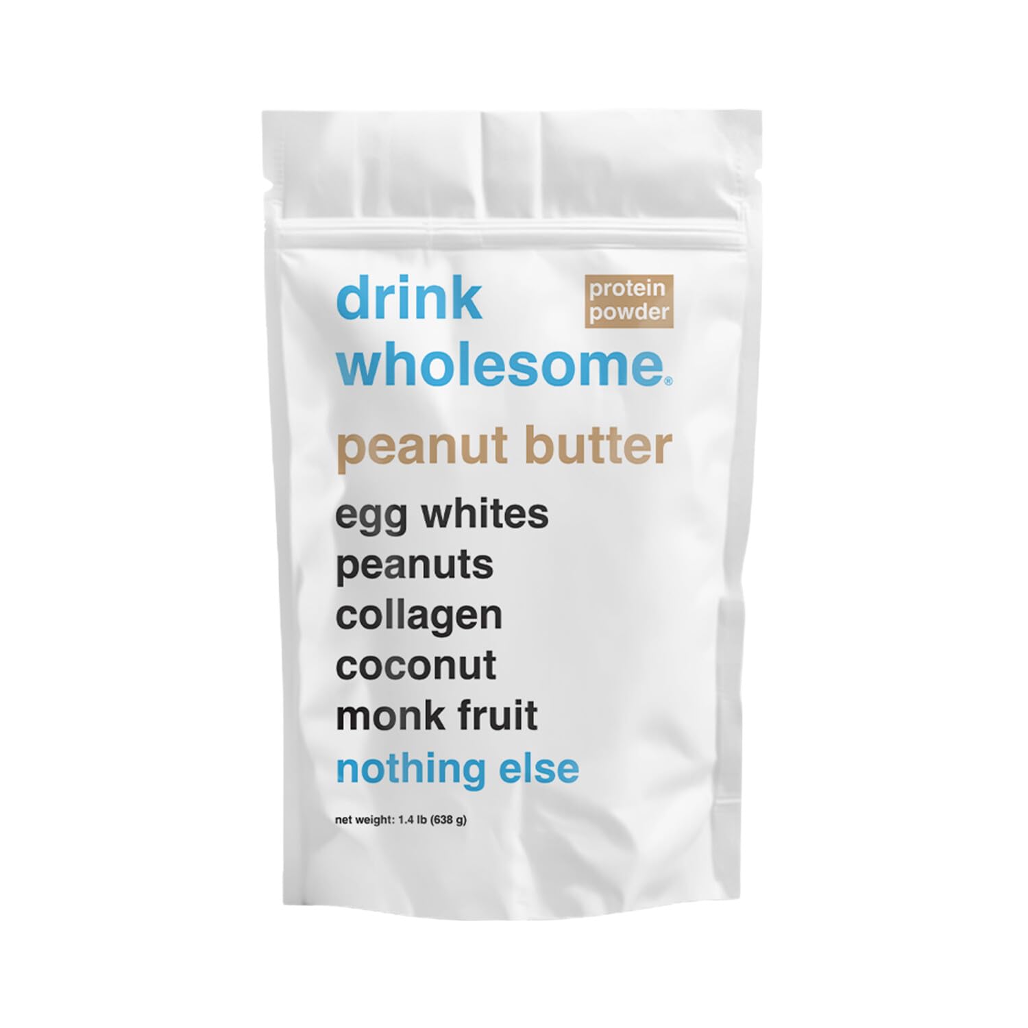 Drink Wholesome peanut butter egg white protein powder canister on counter for easy digestion.