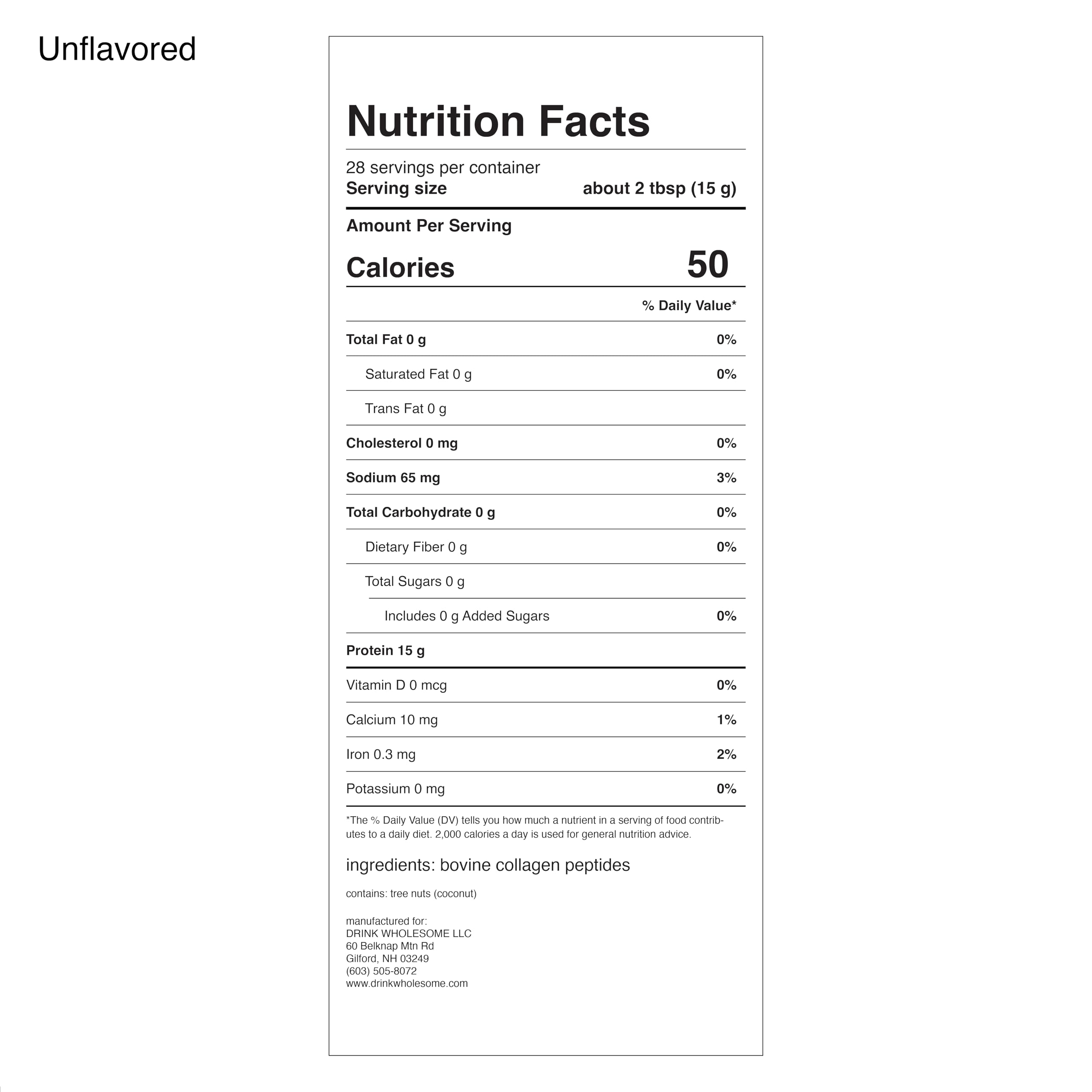 Drink Wholesome unflavored collagen bag illustrating clean ingredients