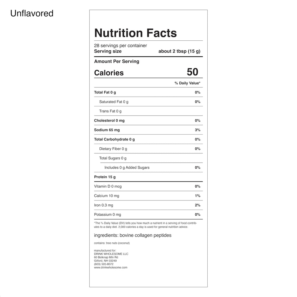 Drink Wholesome unflavored collagen bag illustrating clean ingredients
