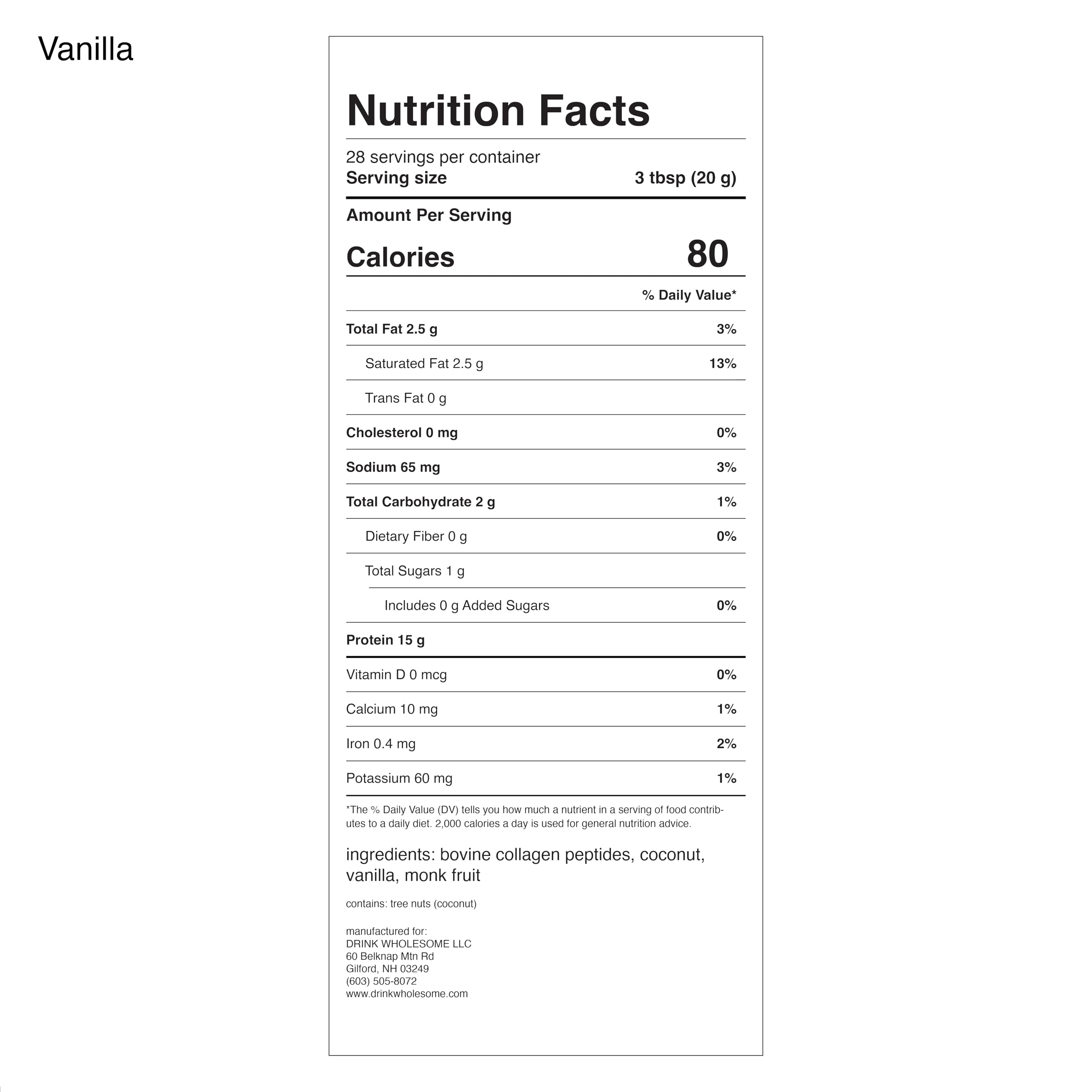 Drink Wholesome Vanilla Collagen Ingredients Panel communicating additive-free nutrition