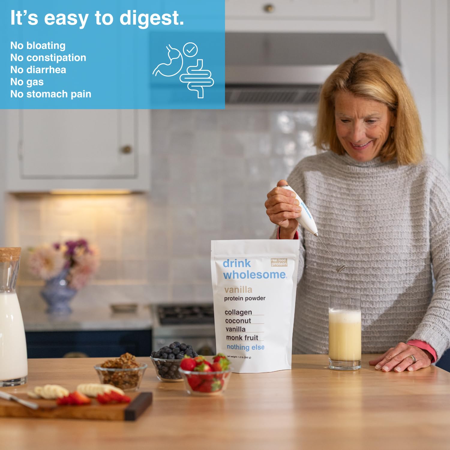 Drink Wholesome Vanilla Collagen Scoop highlighting precise, dairy-free portions for daily use