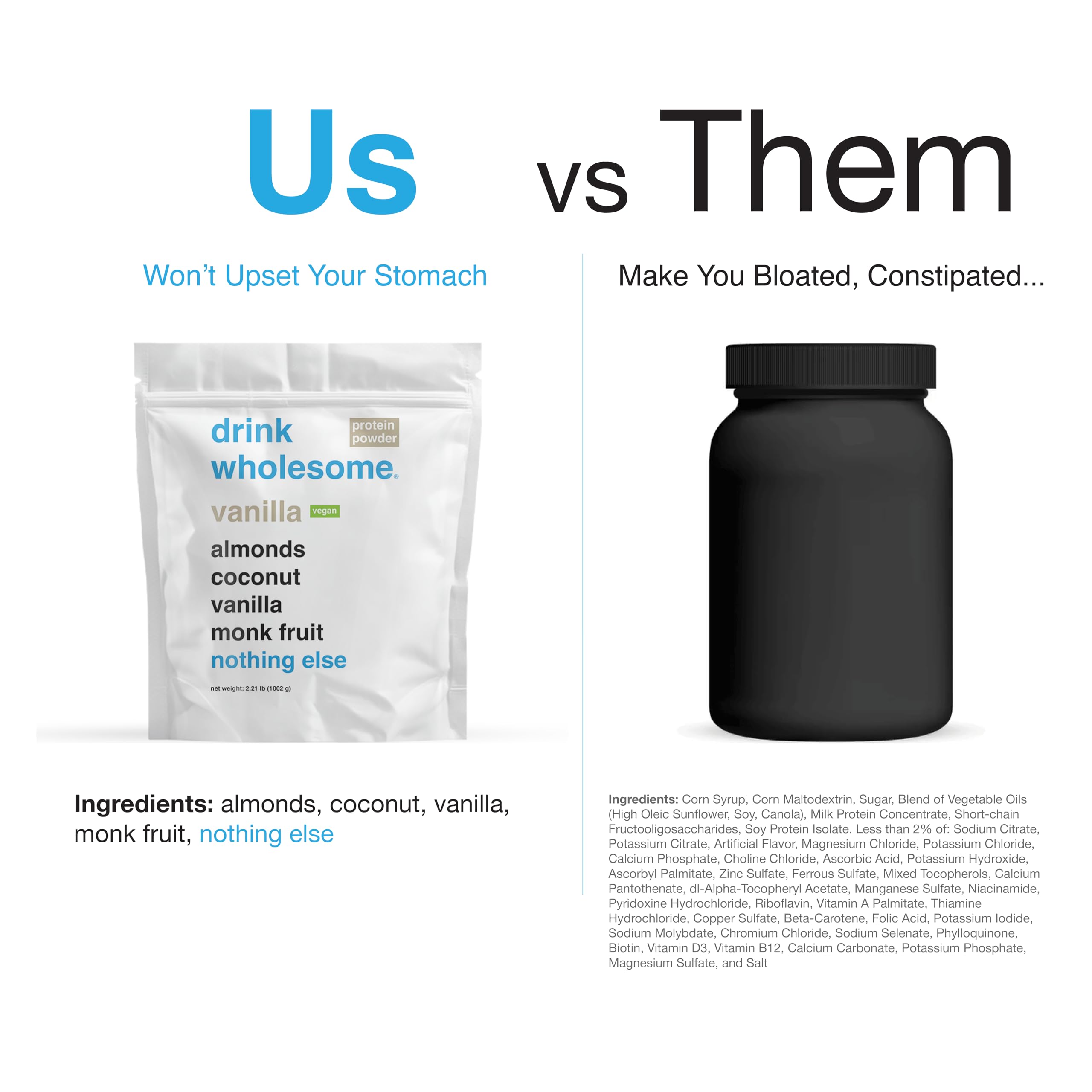 Jar shows gluten-free and dairy-free icons beside Drink Wholesome.
