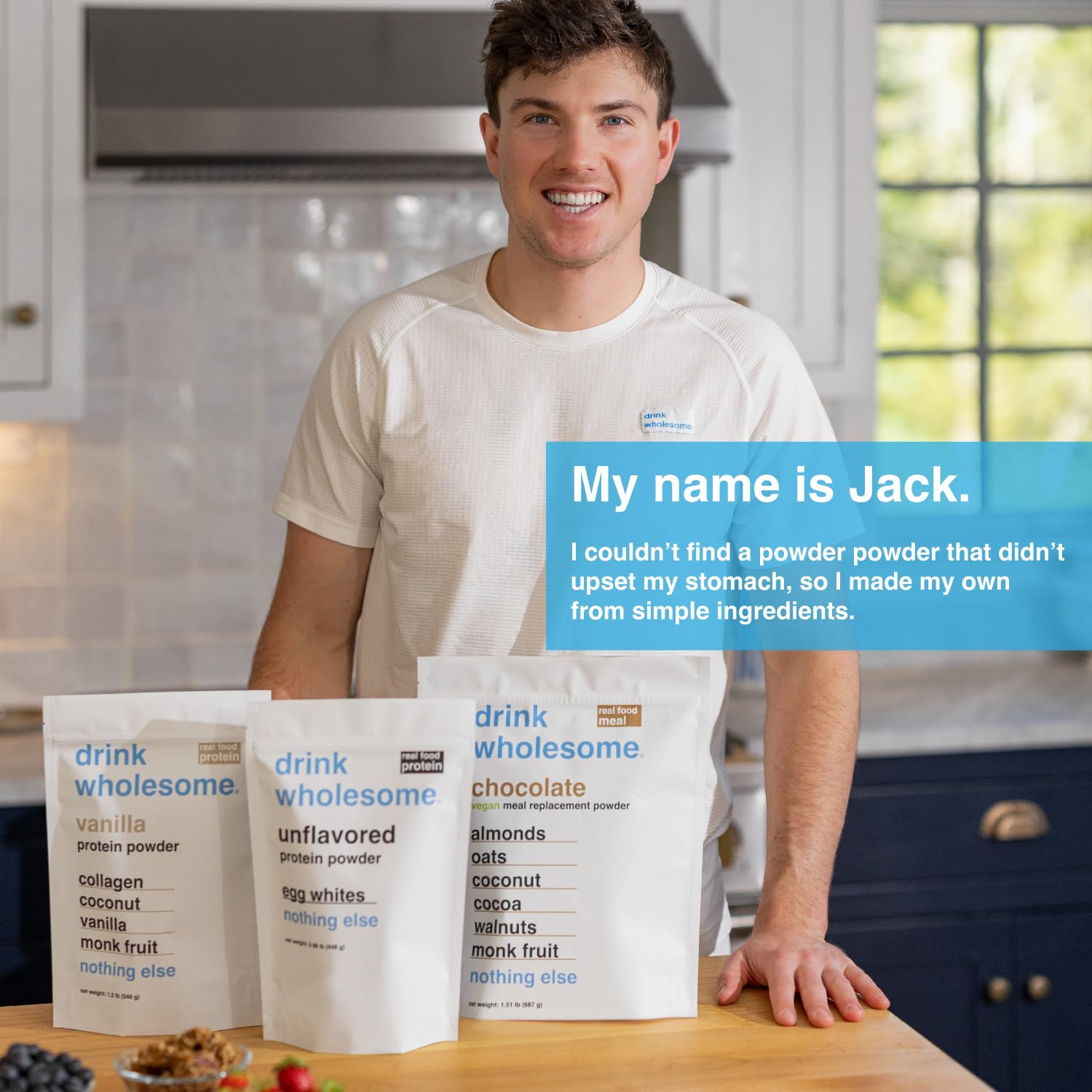 Drink Wholesome vegan protein powder label close-up highlighting zero added sugars.