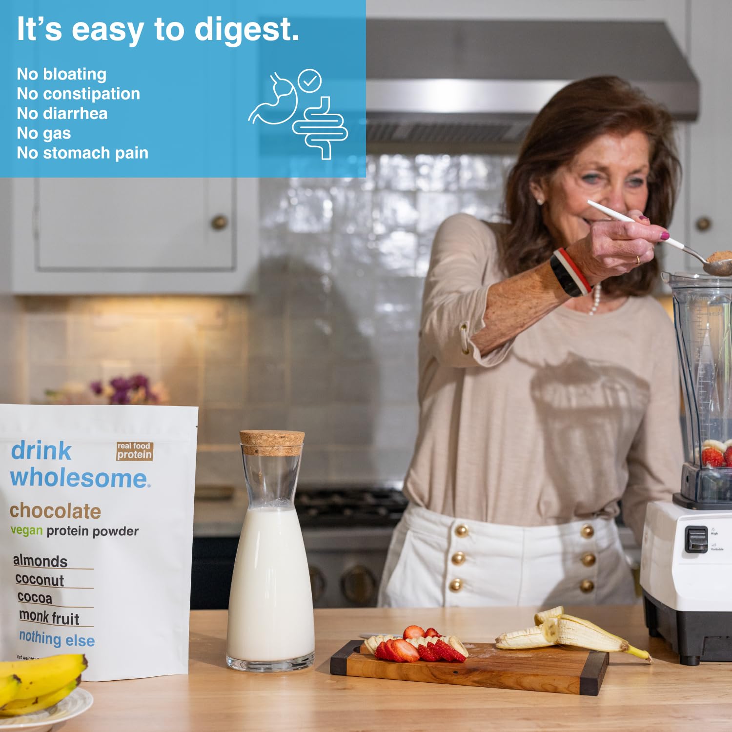 Drink Wholesome vegan protein powder scoop beside jar, showcasing a clean ingredient list for digestion.