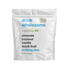 Drink Wholesome vegan vanilla almond protein powder bottle—gentle digestion in a single serving.