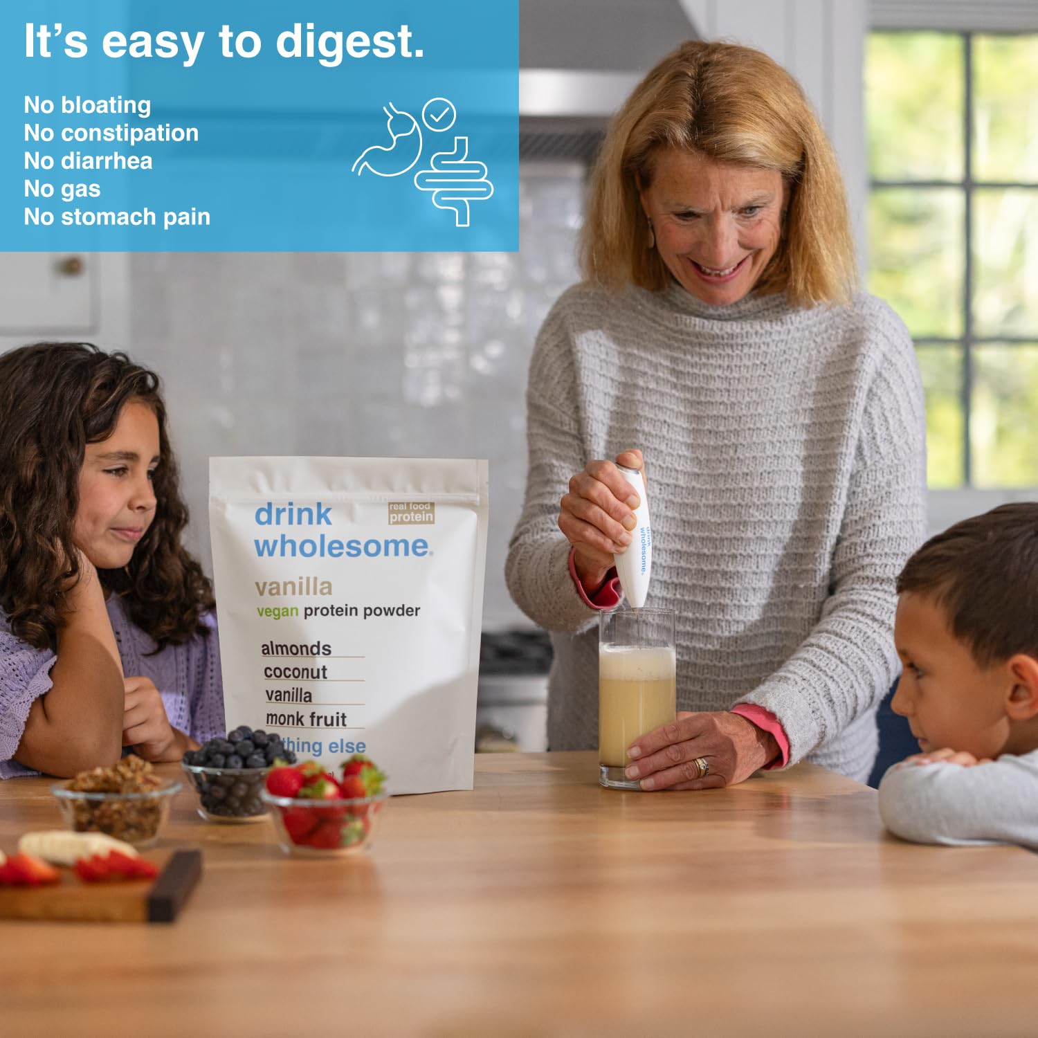 Drink Wholesome protein scoop—easy-to-digest nutrition for sensitive stomachs.