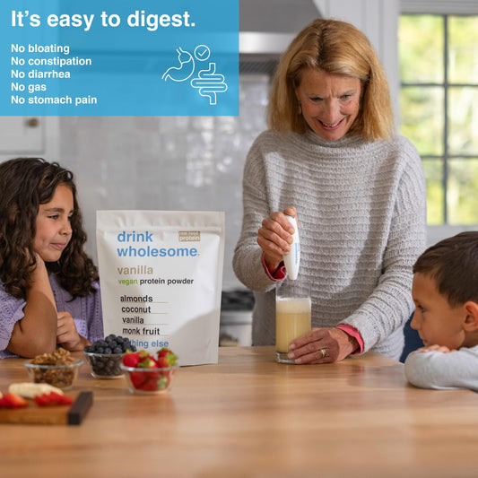 Drink Wholesome protein scoop—easy-to-digest nutrition for sensitive stomachs.