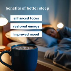 Steaming cup of Moment Sleep Powder exudes cozy nighttime comfort.