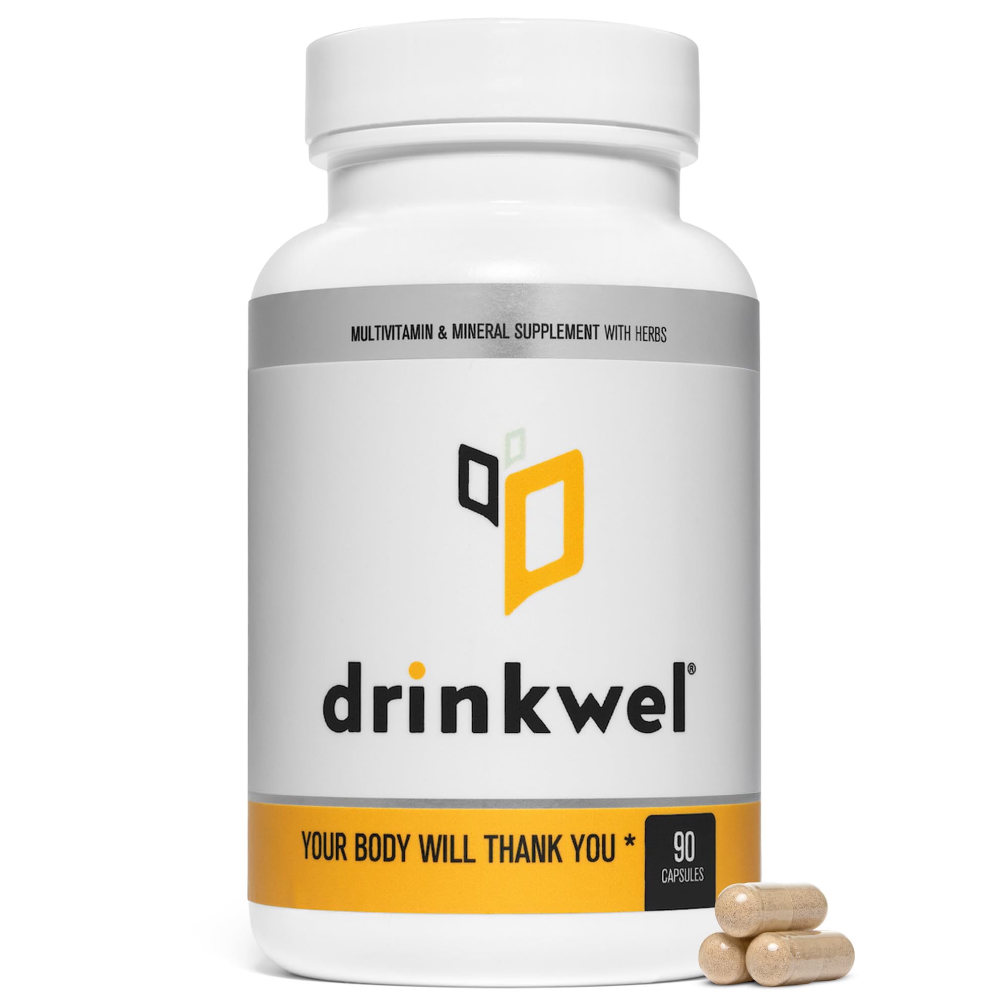 Drinkwel bottle with capsules signaling morning balance and immune support.