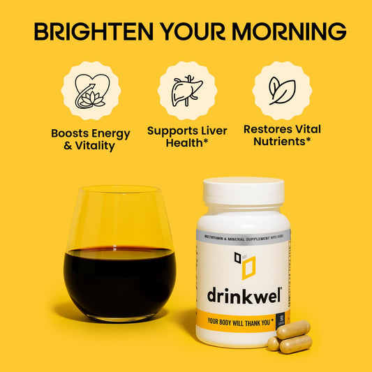 Drinkwel capsules close-up showing easy-to-swallow softgels for daily vitality.