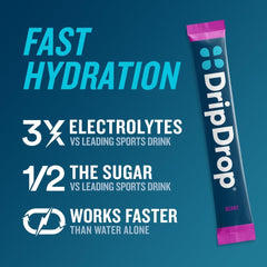 DripDrop Berry electrolyte powder dissolves quickly in water for refreshing hydration.