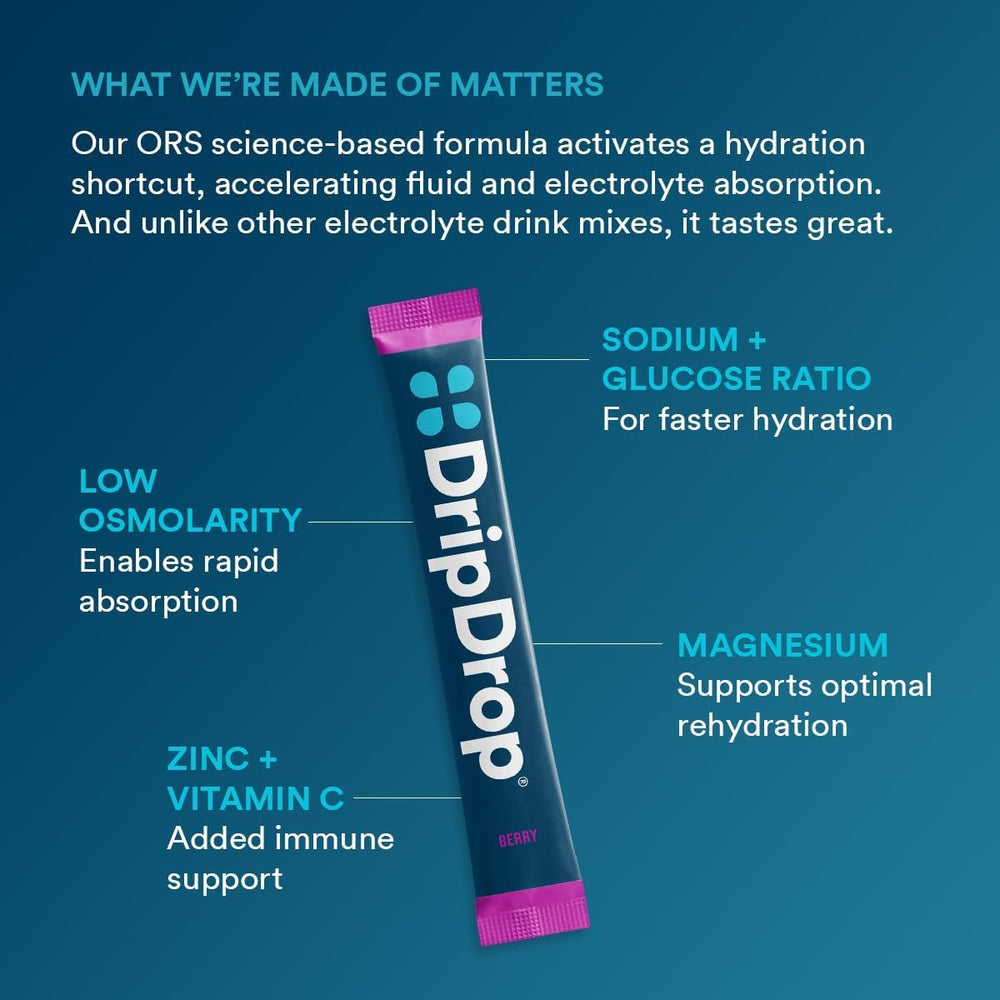 DripDrop Berry on-the-go hydration sticks ideal for gym sessions and hikes.