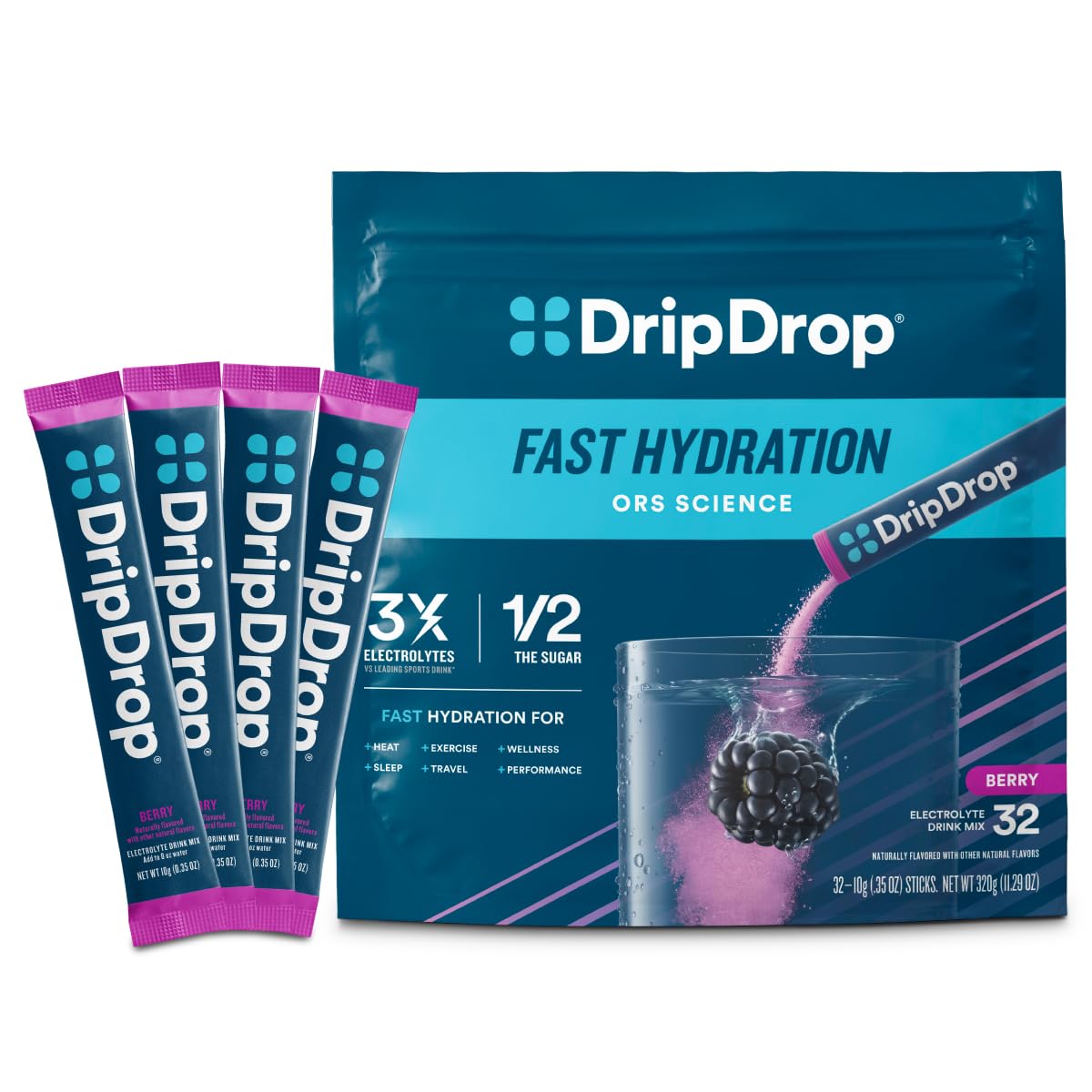 DripDrop Berry single-serve packet for on-the-go hydration during workouts.