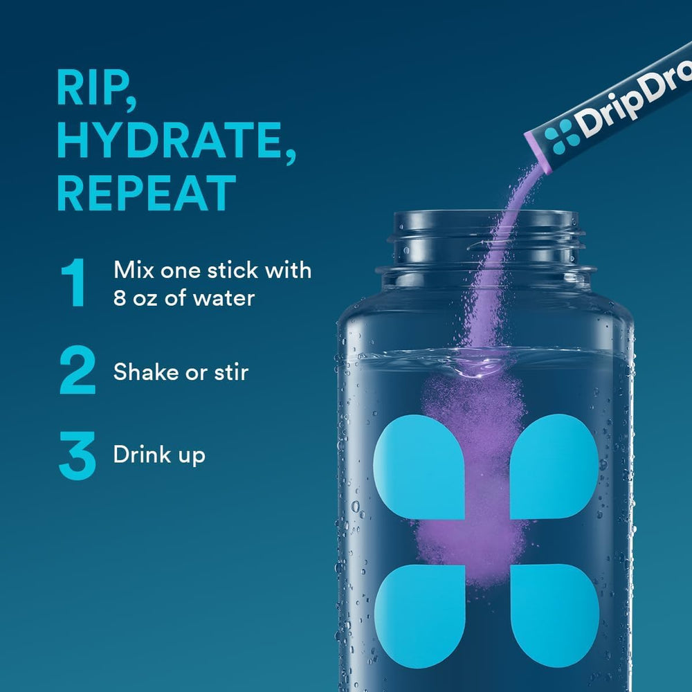 DripDrop grape-flavored packet showcasing convenient on-the-go hydration for sports.