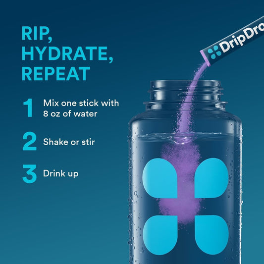 DripDrop grape-flavored packet showcasing convenient on-the-go hydration for sports.
