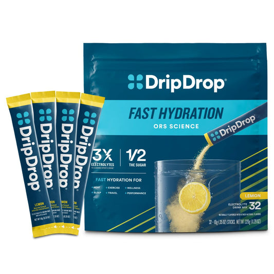 DripDrop hydration packets lemon pack closeup for on-the-go hydration.