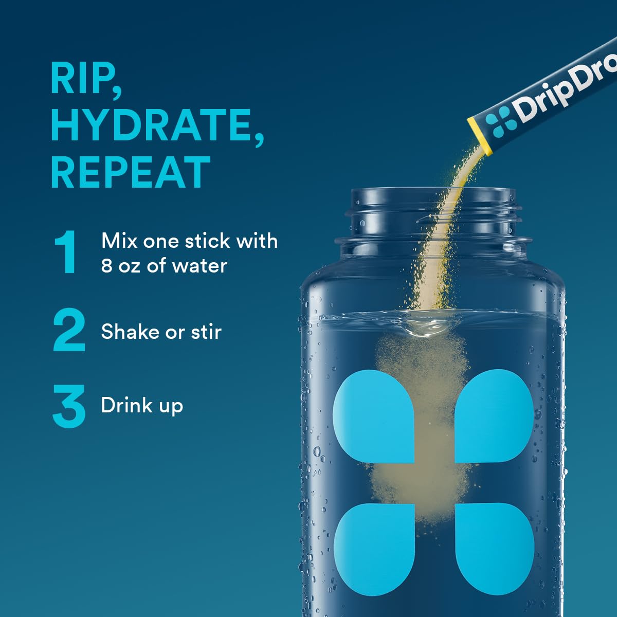 DripDrop ingredients label highlighting non-GMO, gluten-free, vegan attributes.