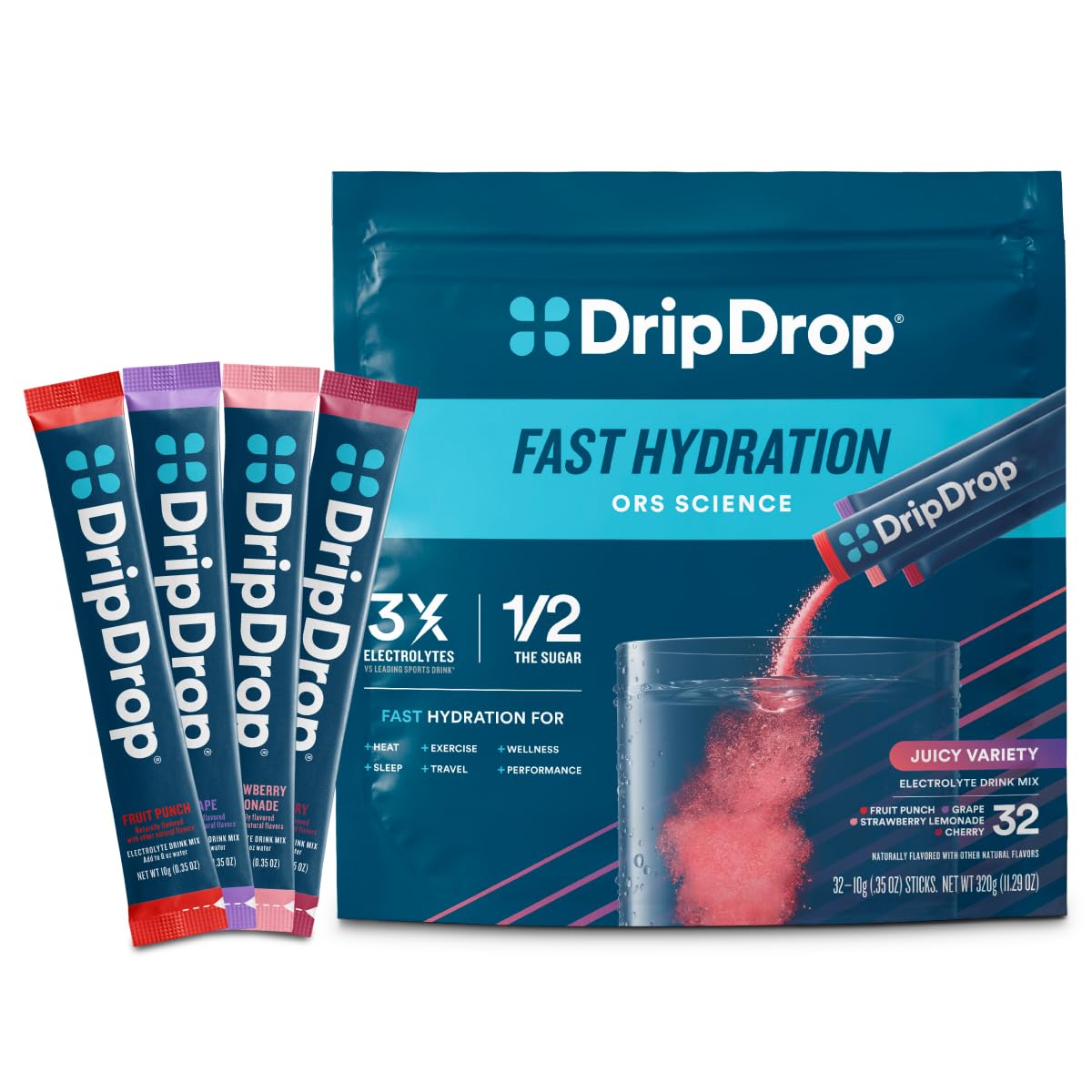 DripDrop Juicy Variety Pack front view for on-the-go hydration