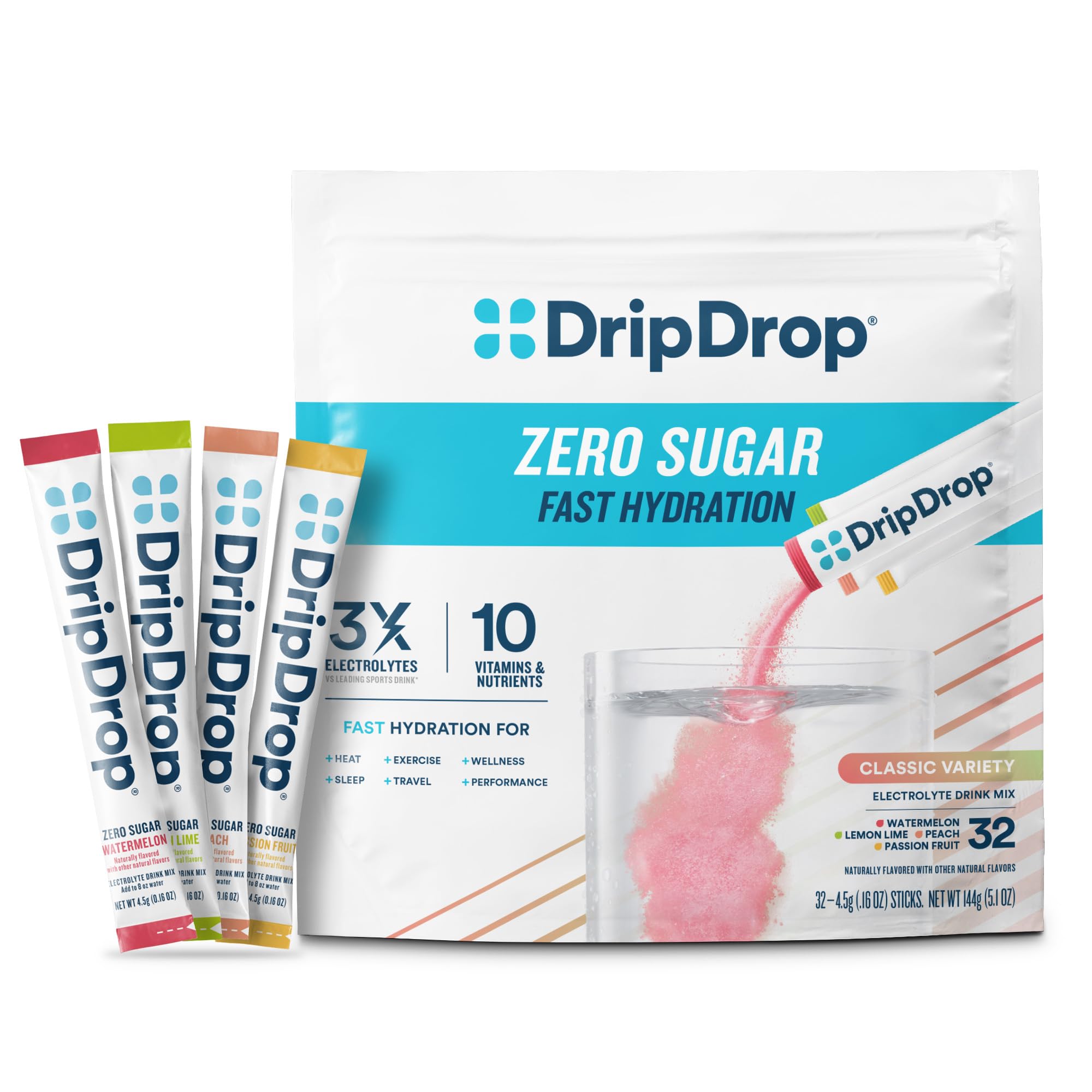 DripDrop lemon-lime packet dissolving in water for fast hydration.