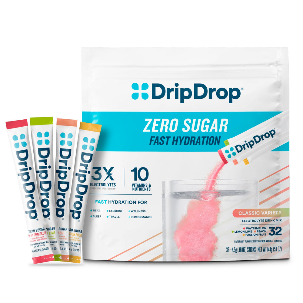DripDrop lemon-lime packet dissolving in water for fast hydration.