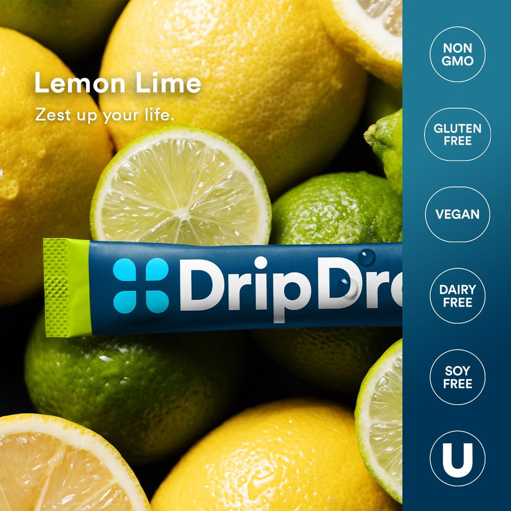 DripDrop Lemon Lime travel pack ideal for trips and workouts.