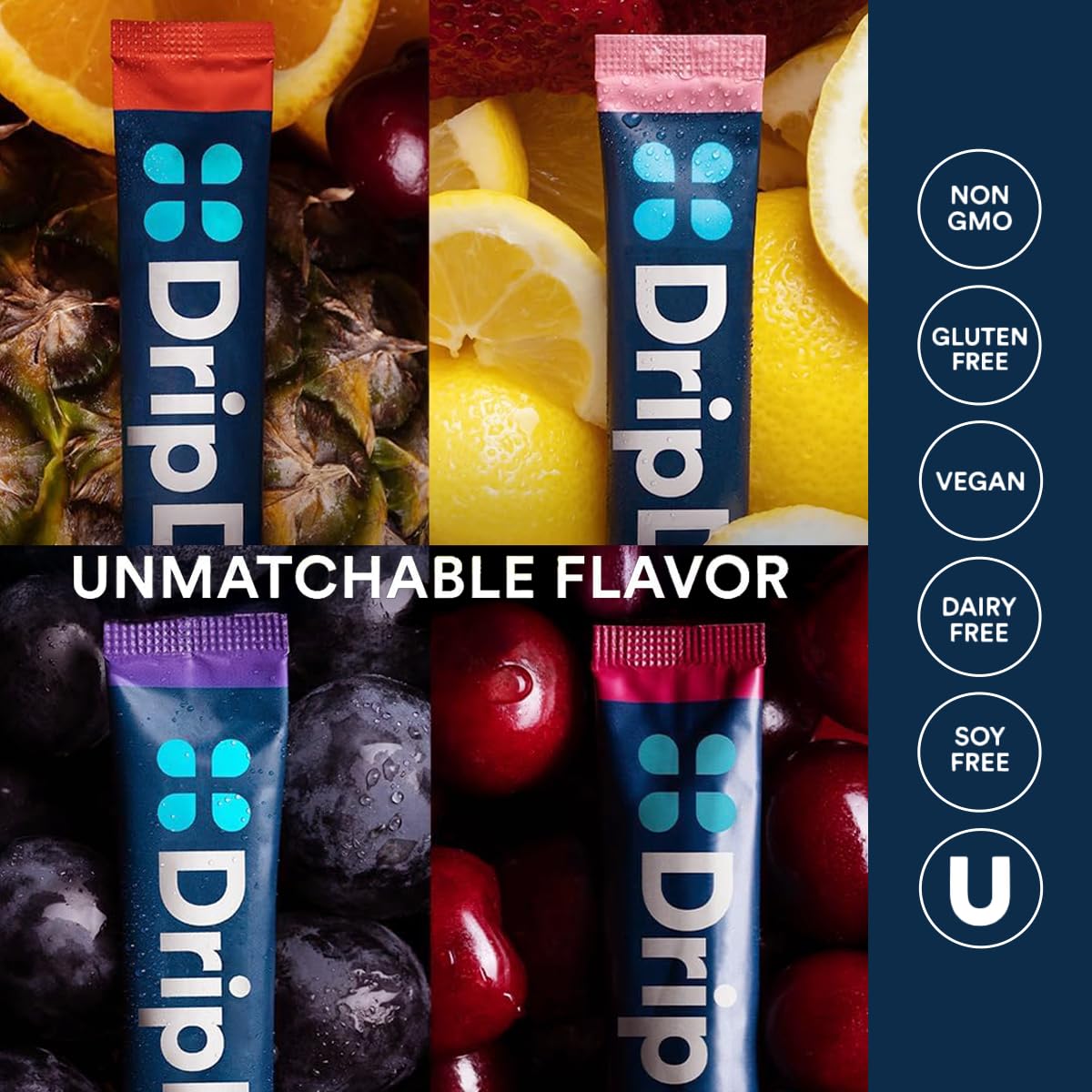 DripDrop single-serve packets scattered for easy mixing