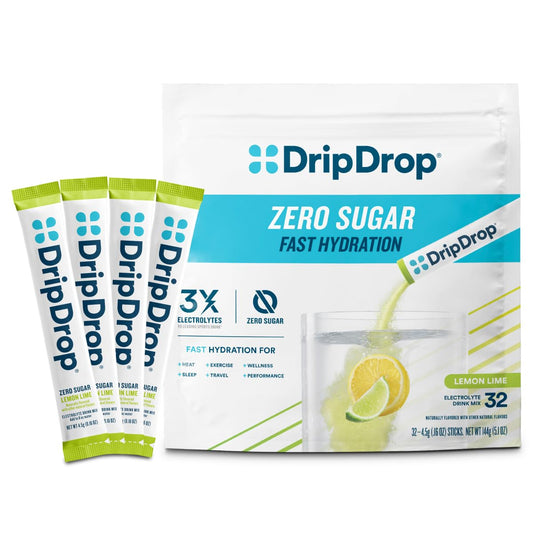 DripDrop sugar-free hydration lemon-lime stick close-up for fast electrolyte replenishment.