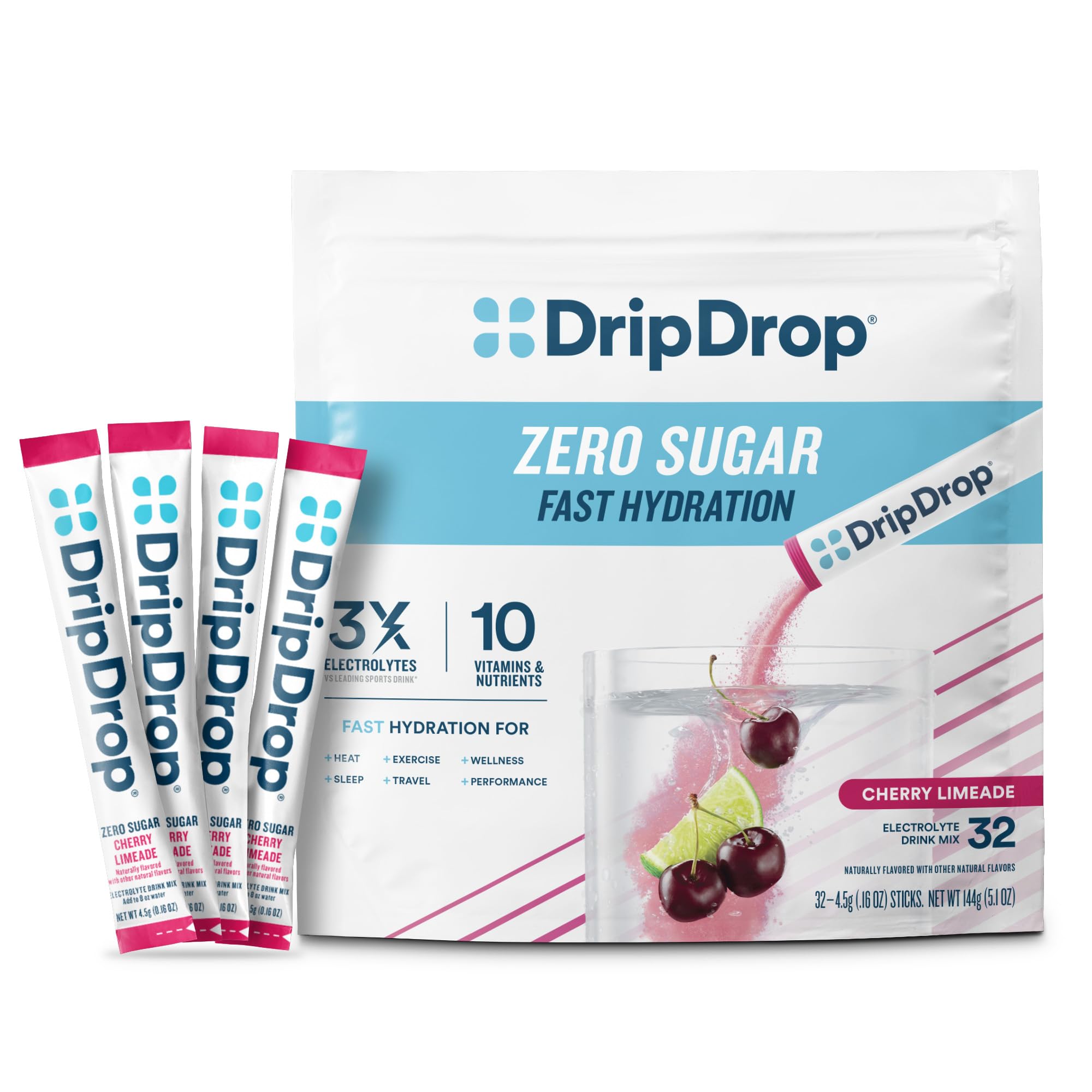 DripDrop sugar-free hydration packets in cherry limeade for fast, flavorful rehydration.