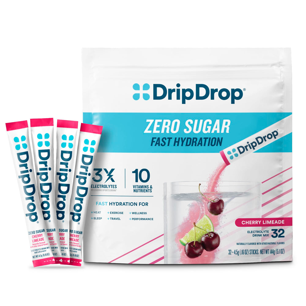 DripDrop sugar-free hydration packets in cherry limeade for fast, flavorful rehydration.