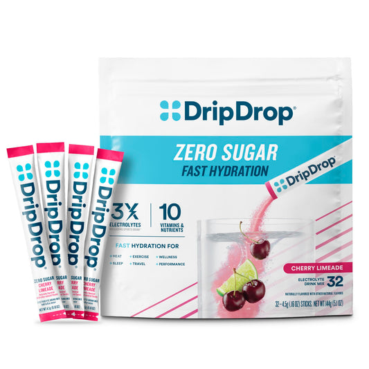 DripDrop sugar-free hydration packets in cherry limeade for fast, flavorful rehydration.
