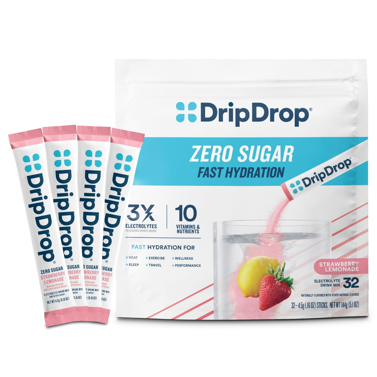 DripDrop sugar-free hydration packets in a box for quick hydration on the go
