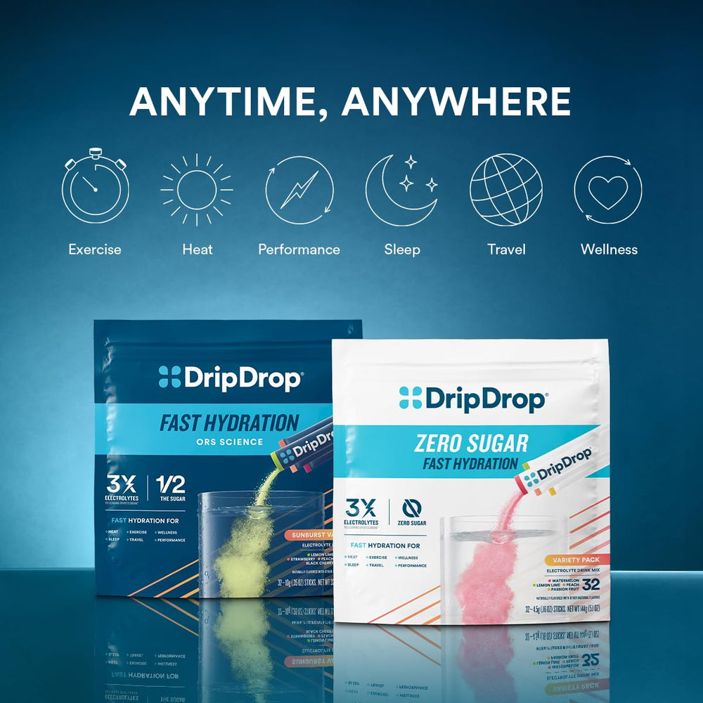 DripDrop Sunburst bottle alongside packets for daily hydration.