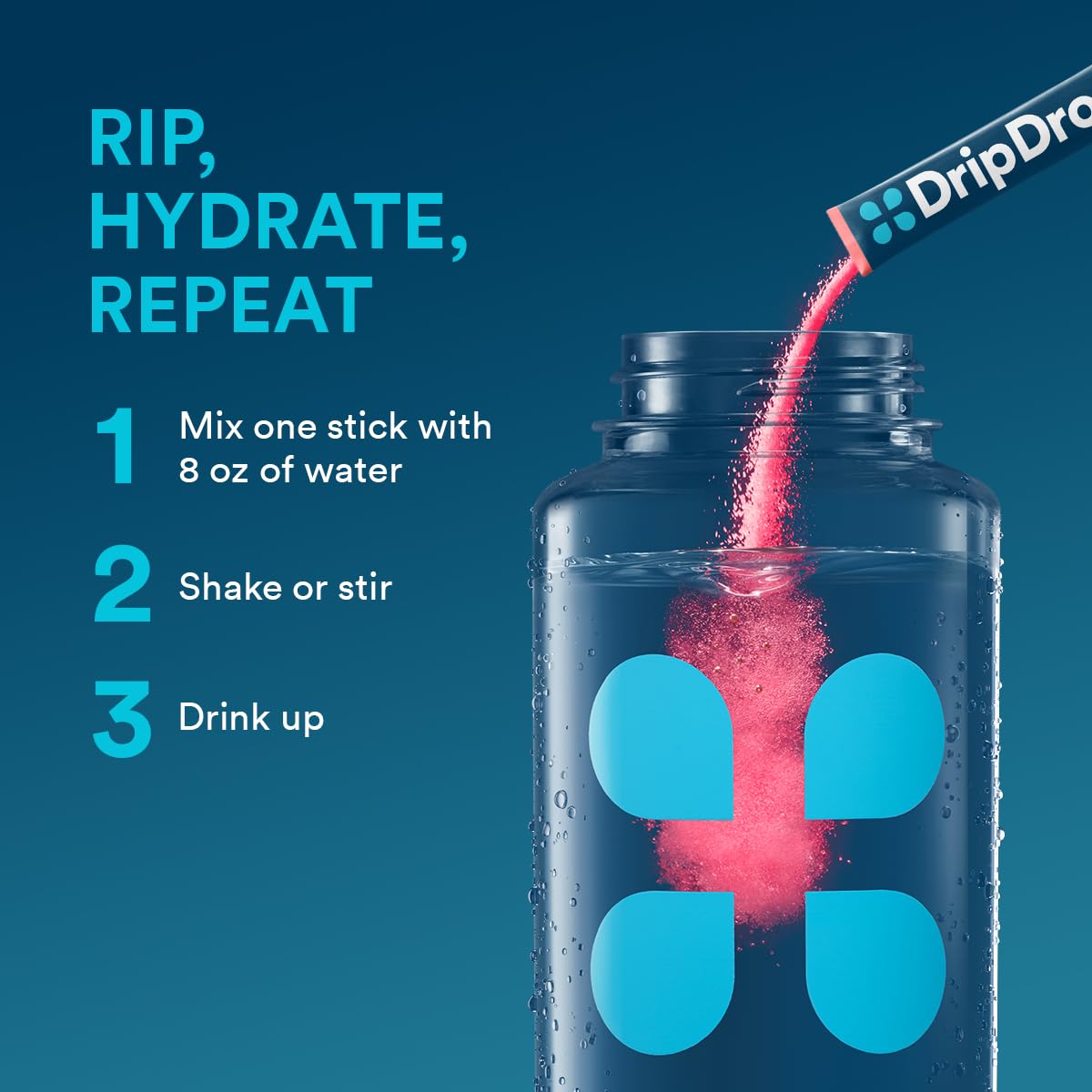 DripDrop Sunburst packet dissolving in water for fast hydration.