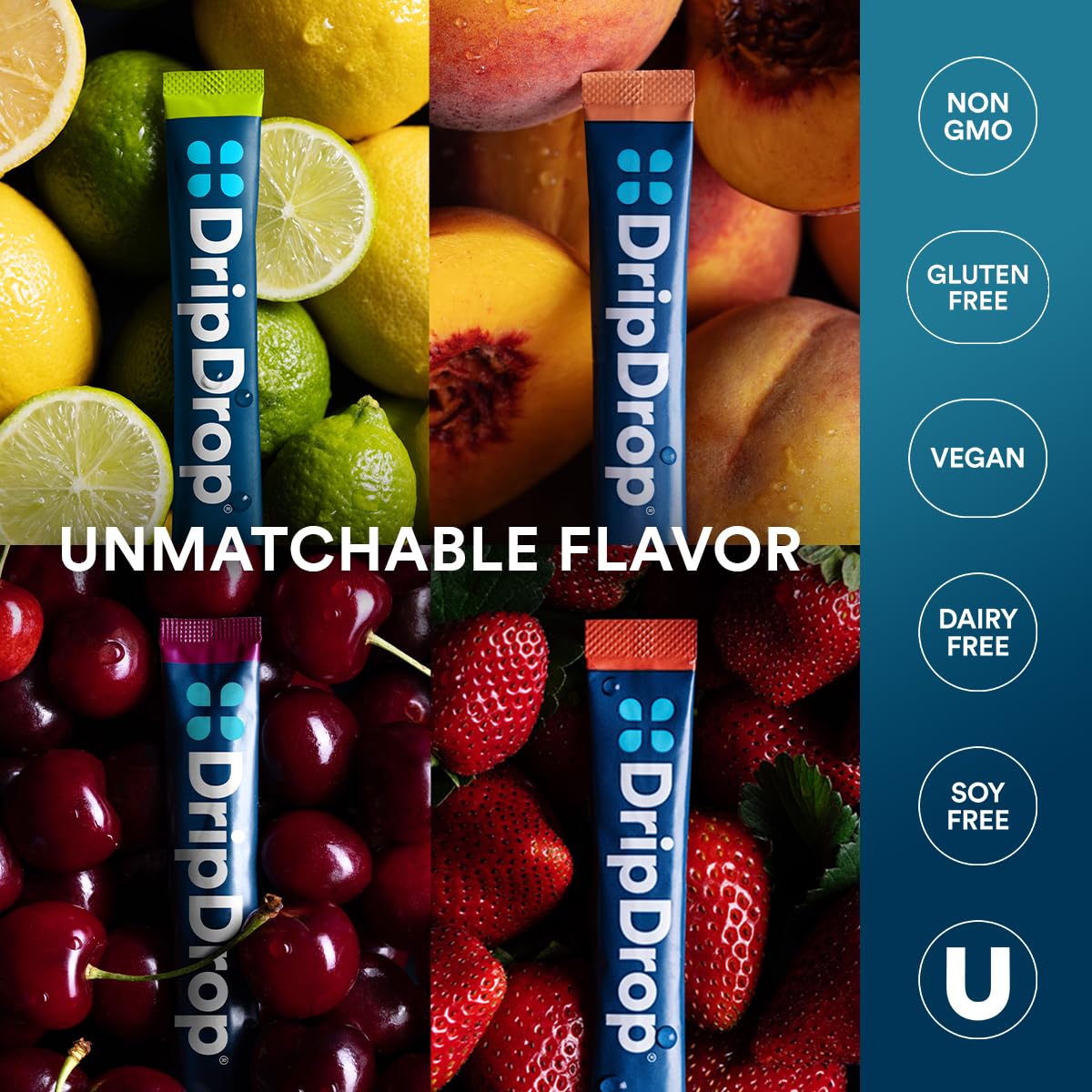 DripDrop Sunburst travel pack display showing flavors and sticks.