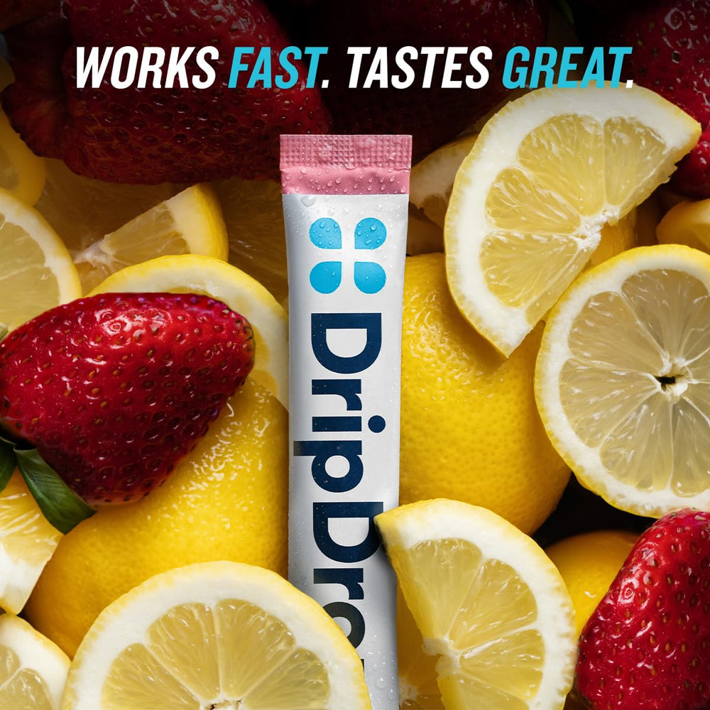DripDrop travel-friendly single-serve packets placed in a travel pouch
