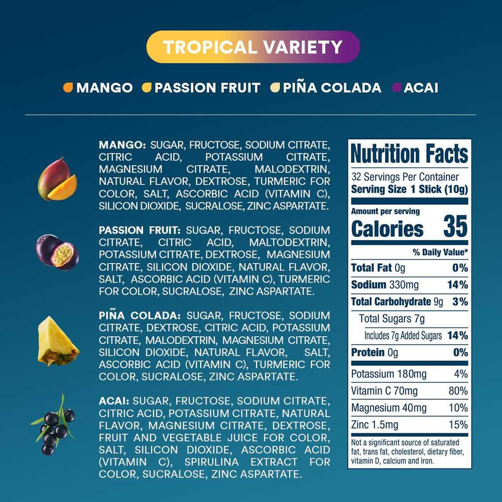 DripDrop Tropical Variety Pack packaging display with all four flavors
