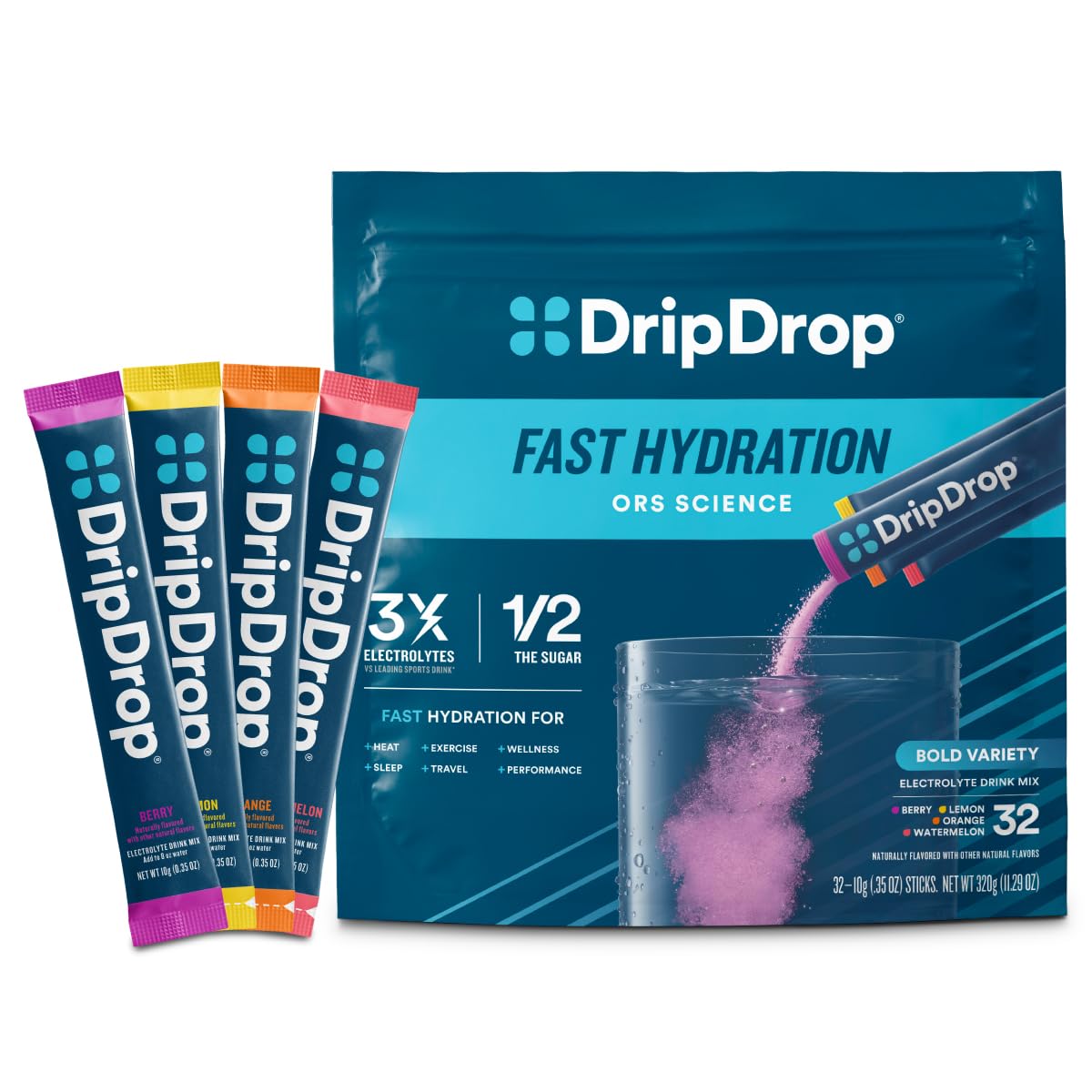 DripDrop Watermelon packet poured into water for quick hydration