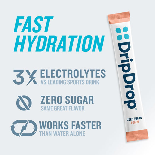 DripDrop Zero Peach sugar-free hydration packets travel-ready for hot days and workouts.